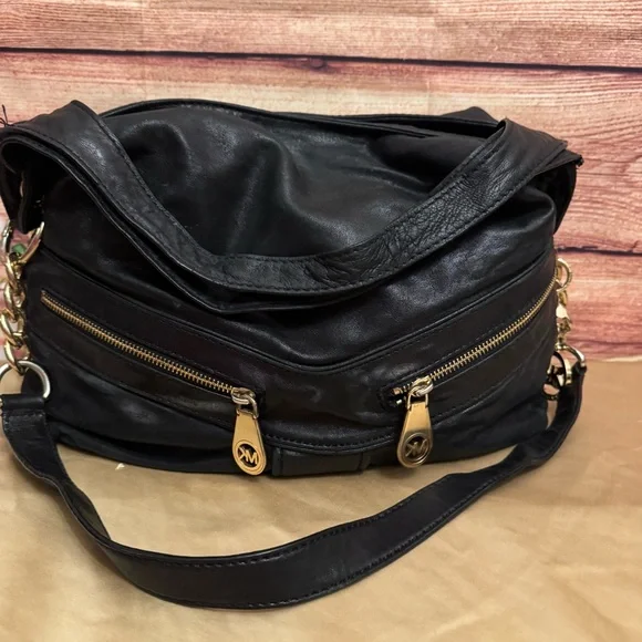 Michael Kors Jamesport Black Leather Hobo Shoulder Bag Large MK Purse - Picture 2 of 11